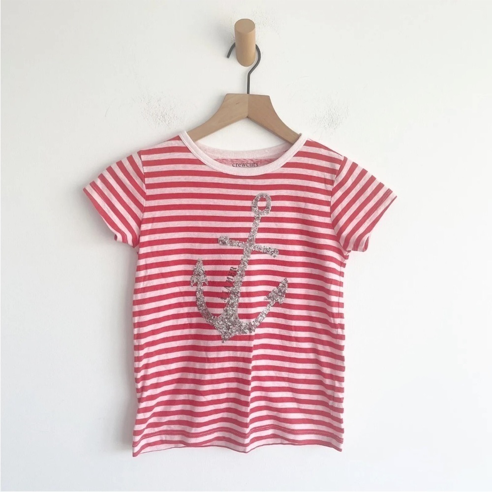 Crewcuts Everyday Anchor Girl T-Shirt Sparkle Sequins Red Stripes Size 8
